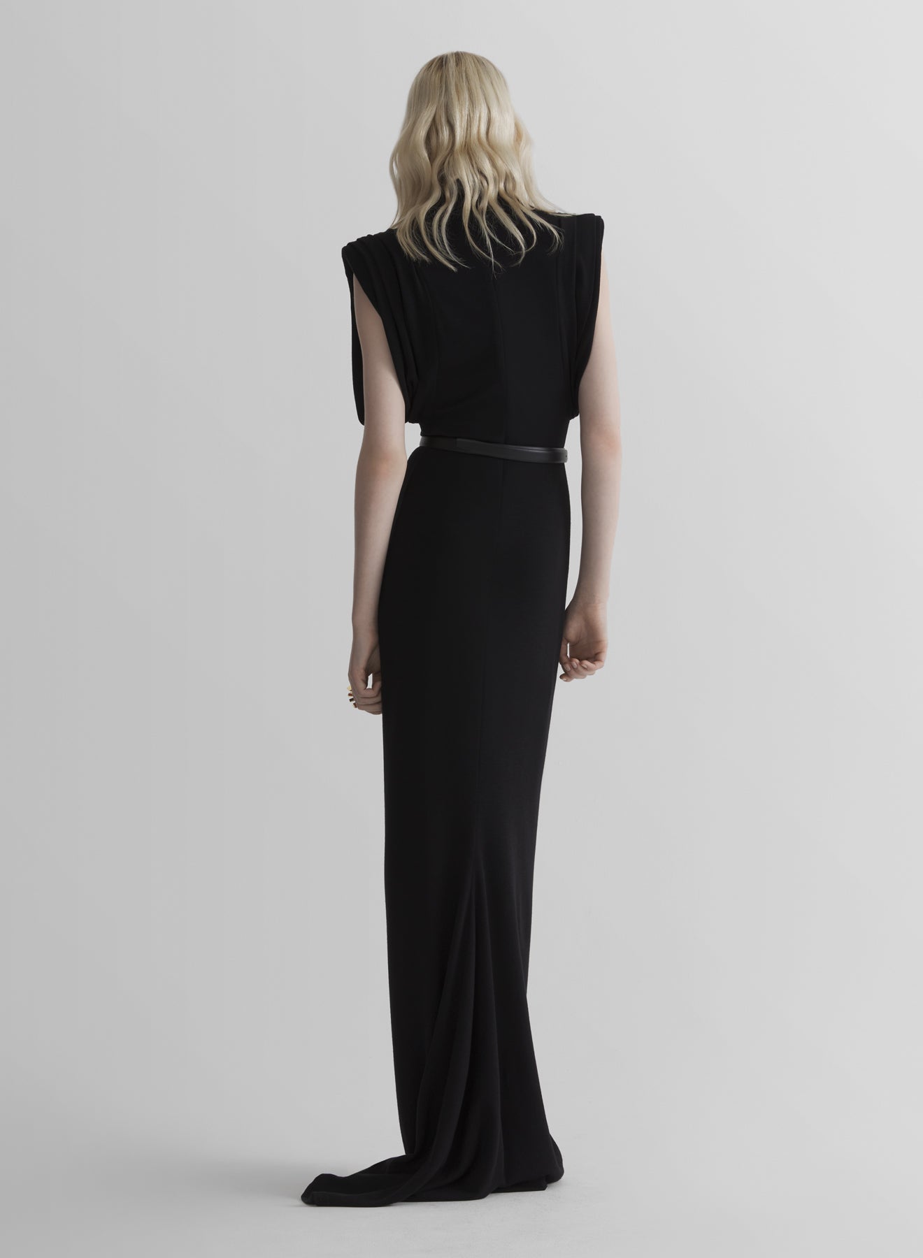 black draped sleeveless gown