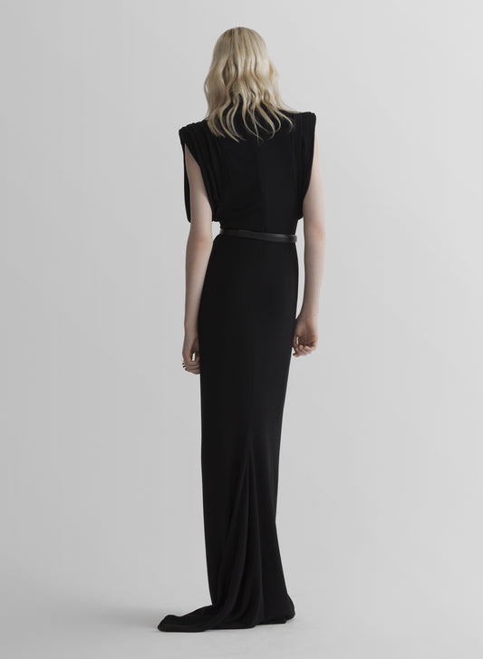 black draped sleeveless gown