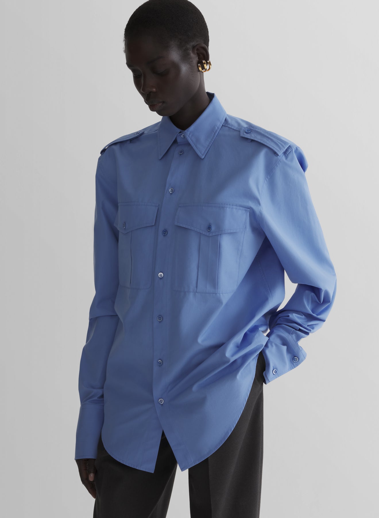smocked blue military shirt