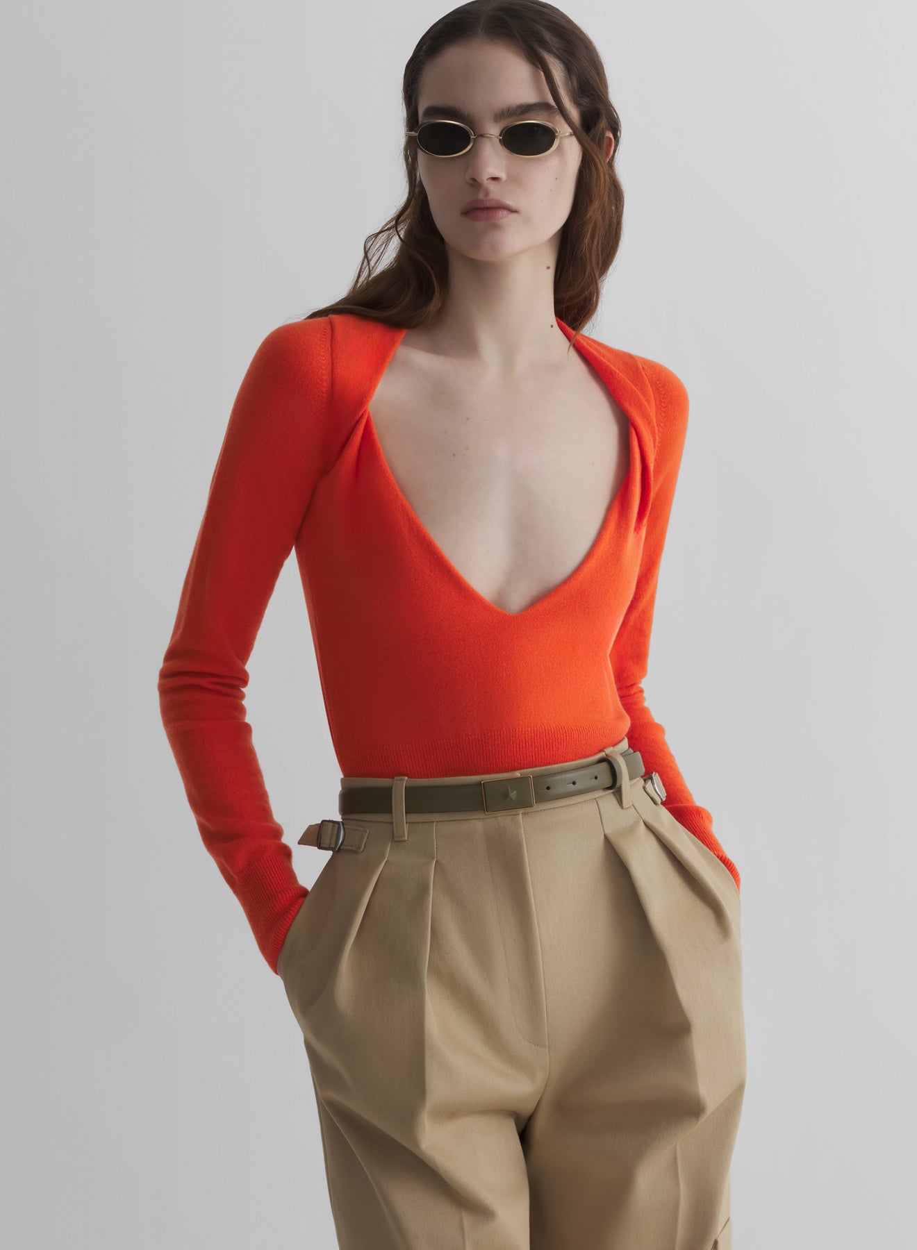 orange cashmere v-neck knit top