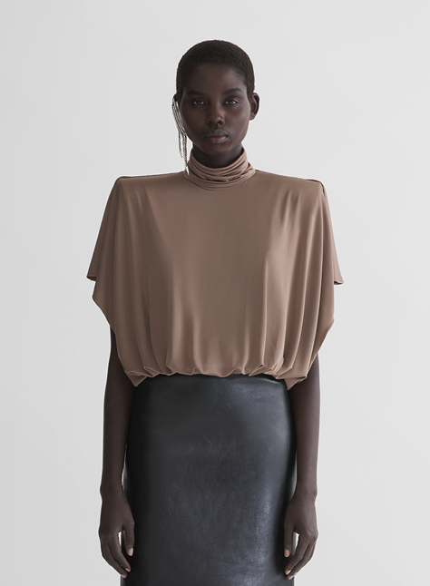 brown draped power bodysuit