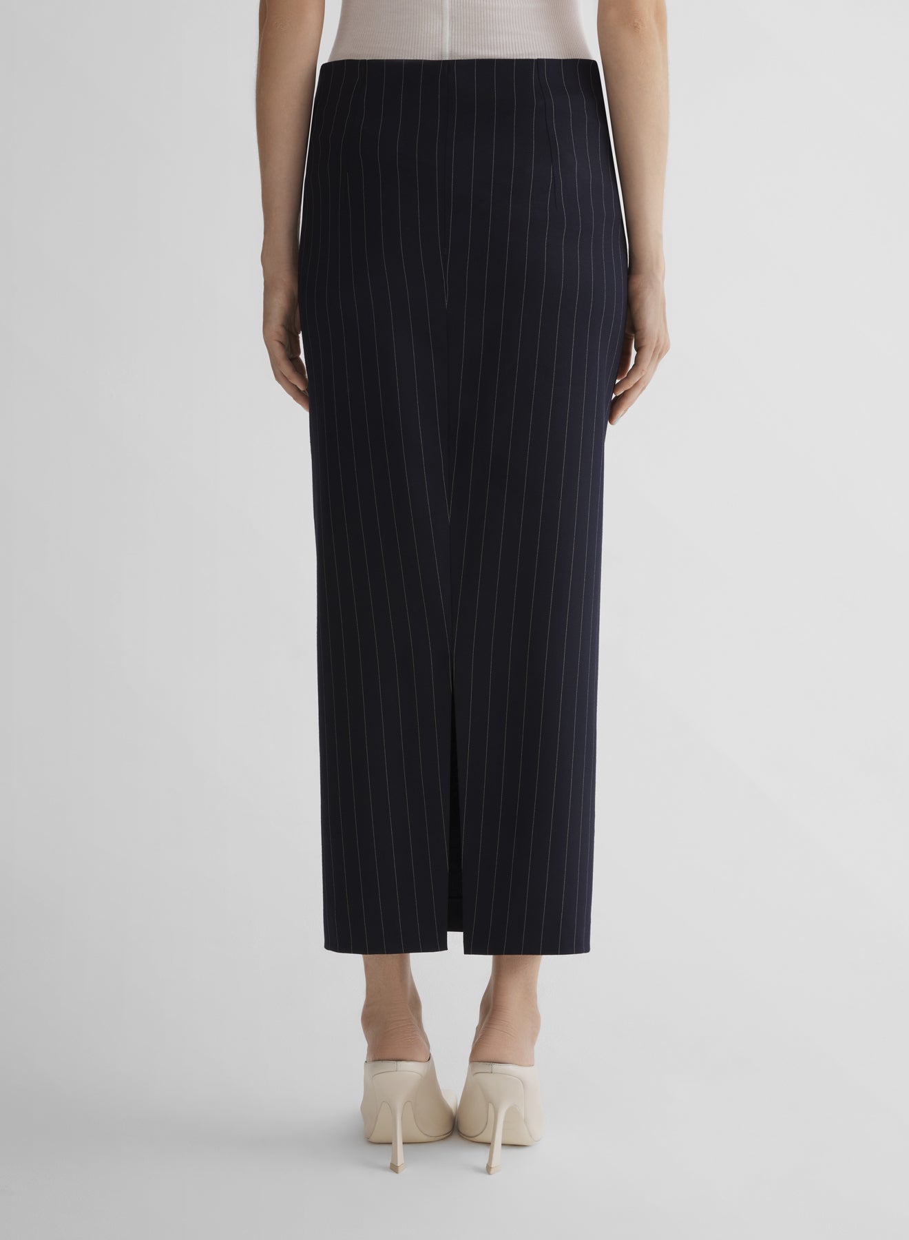 navy pinstripe stretch tube skirt