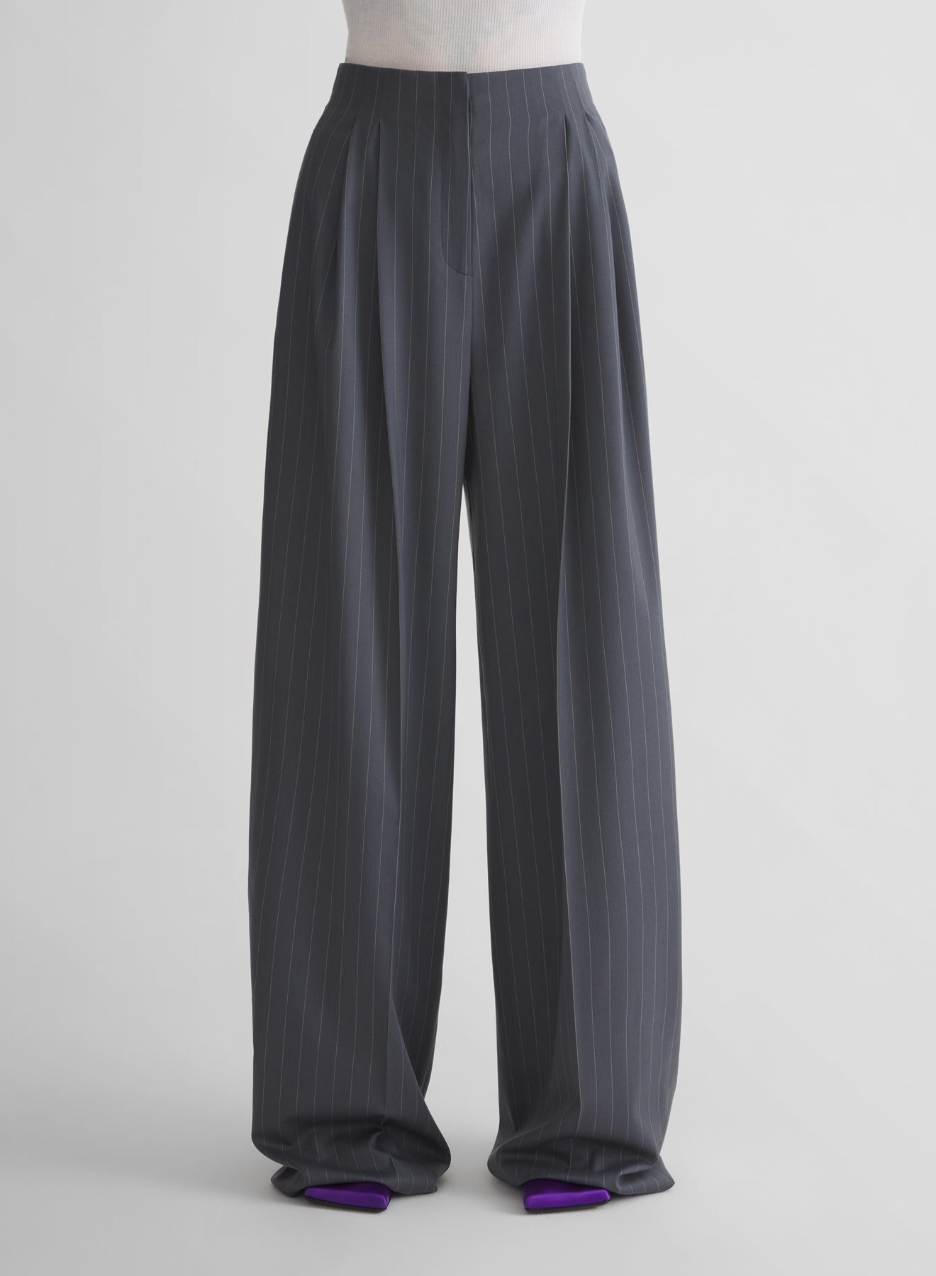 grey pinstripe wide pleated trousers