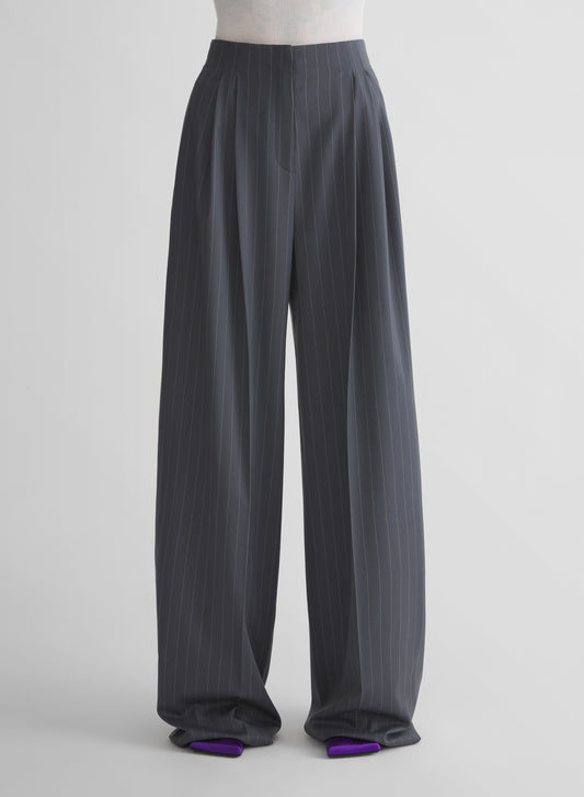 grey pinstripe wide pleated trousers