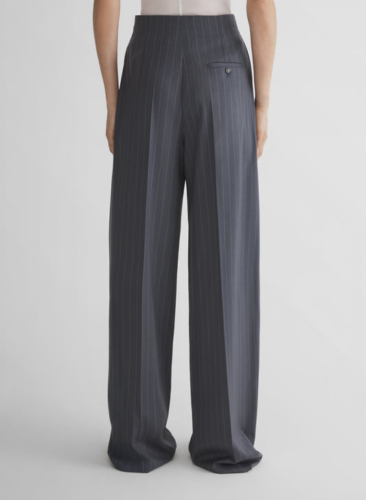 grey pinstripe wide pleated trousers
