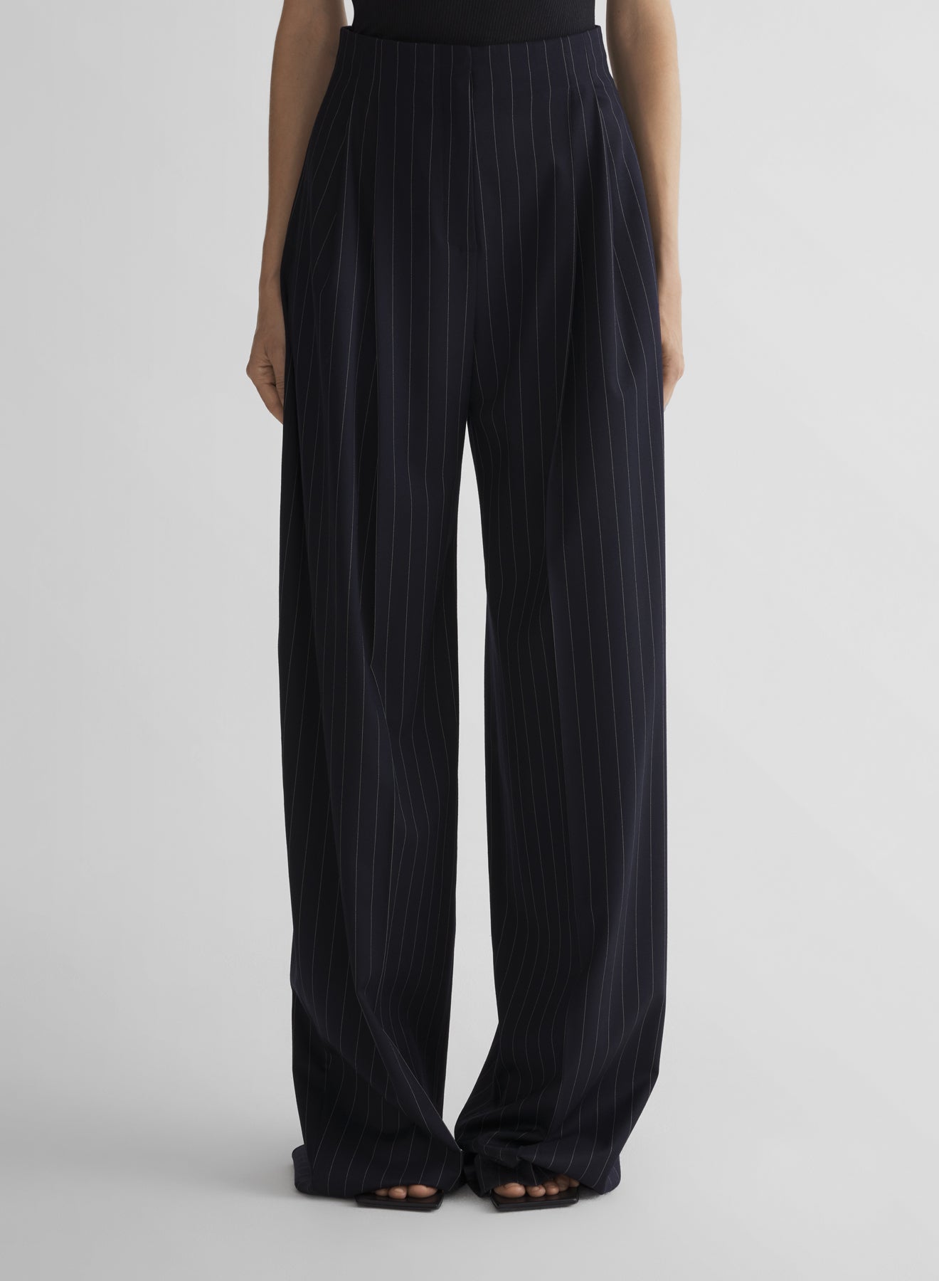 navy pinstripe wide pleated trousers