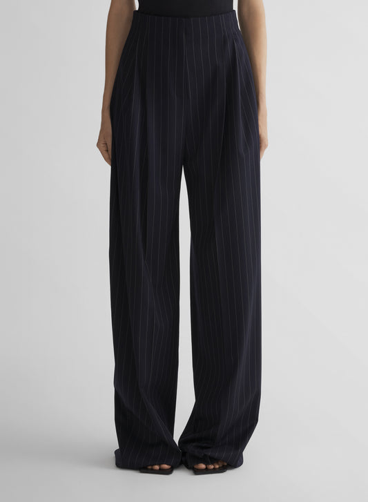 navy pinstripe wide pleated trousers