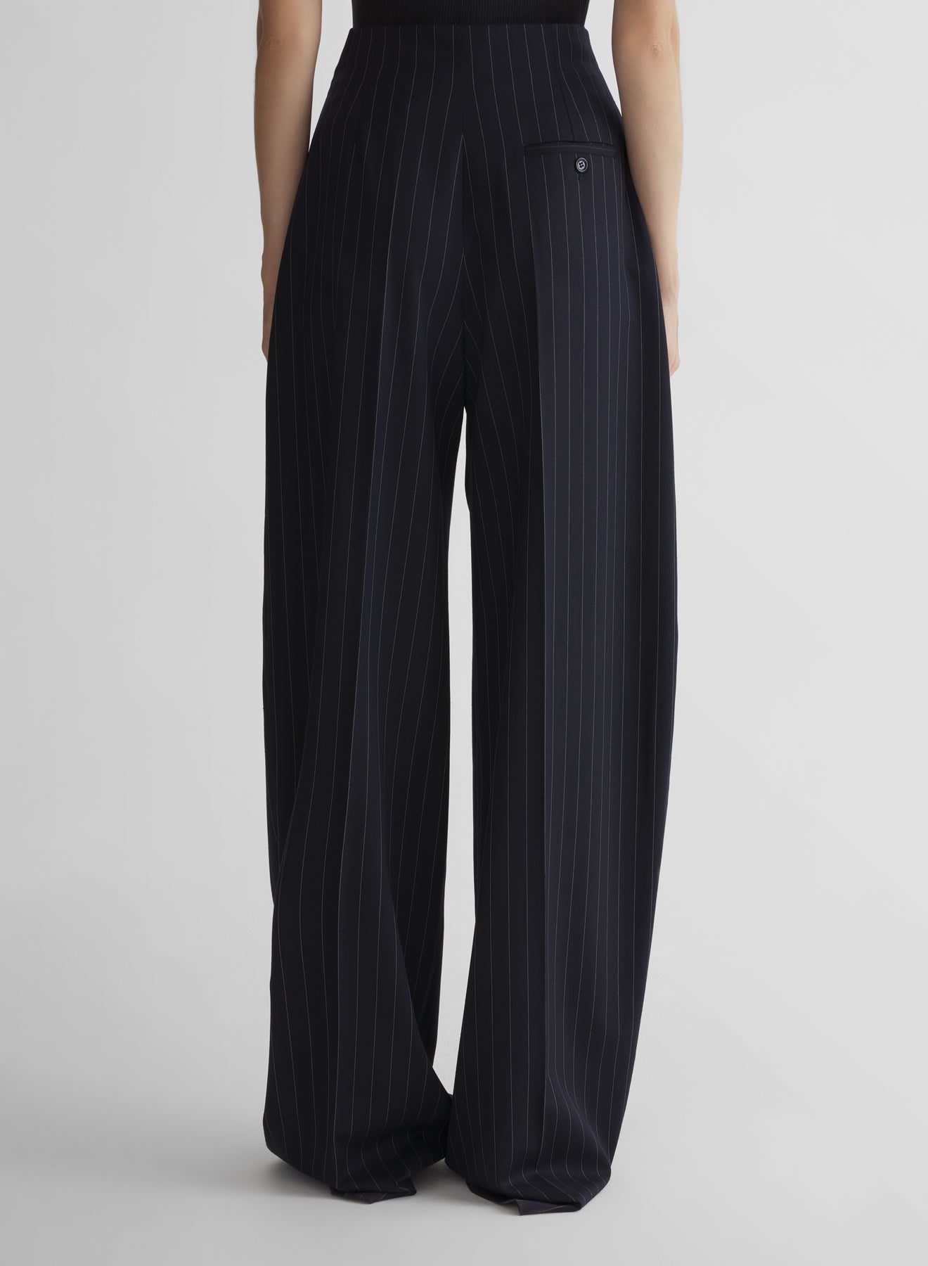 navy pinstripe wide pleated trousers