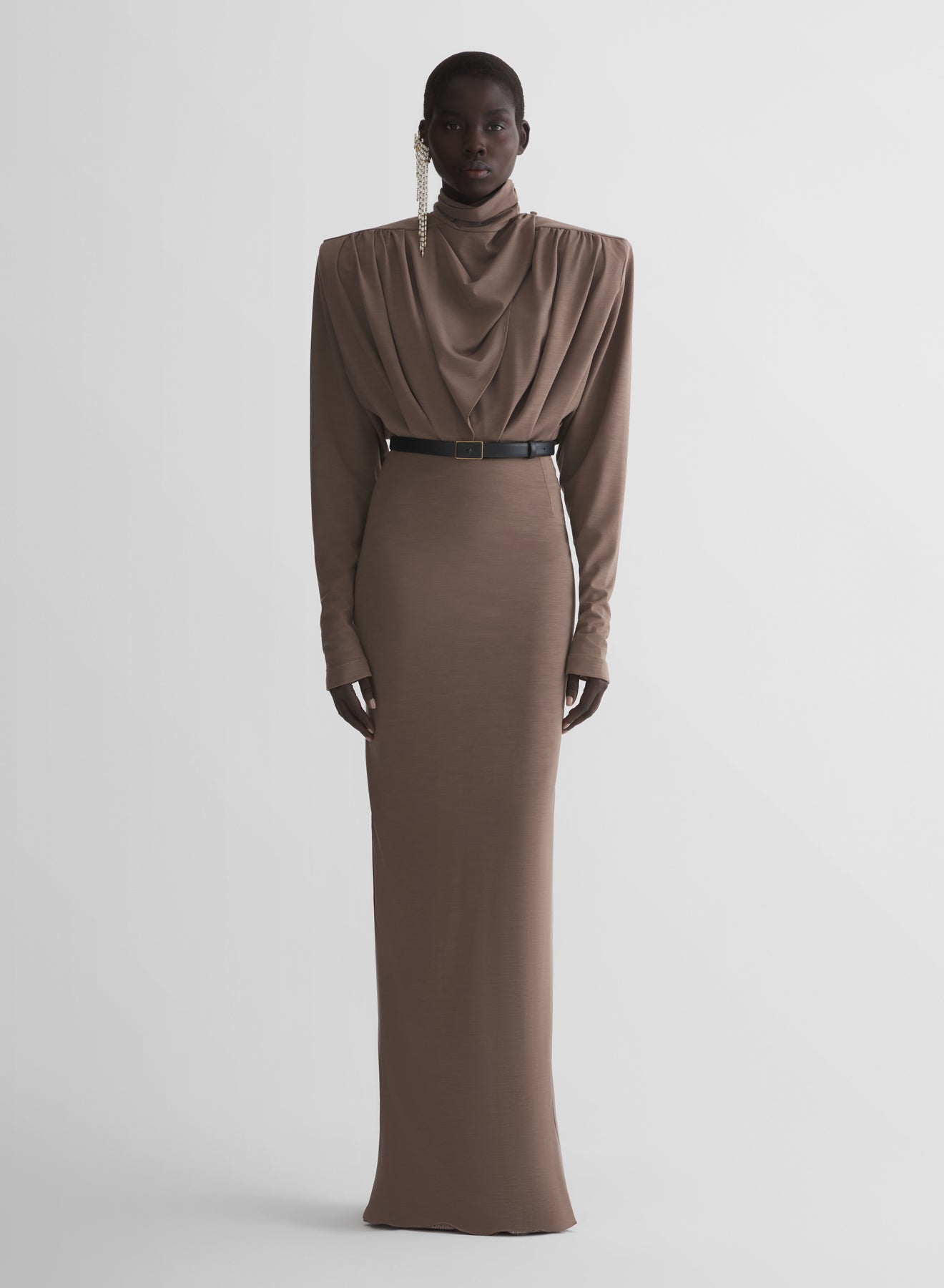 brown column power dress