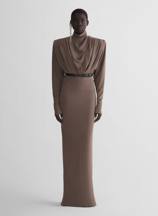 brown column power dress
