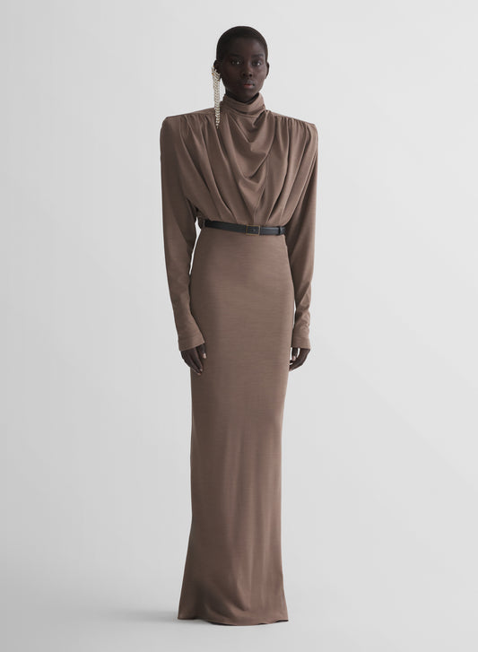 brown column power dress