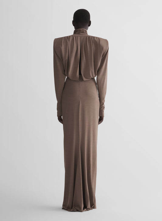 brown column power dress