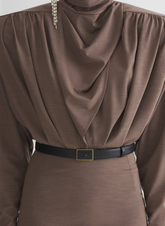 brown column power dress