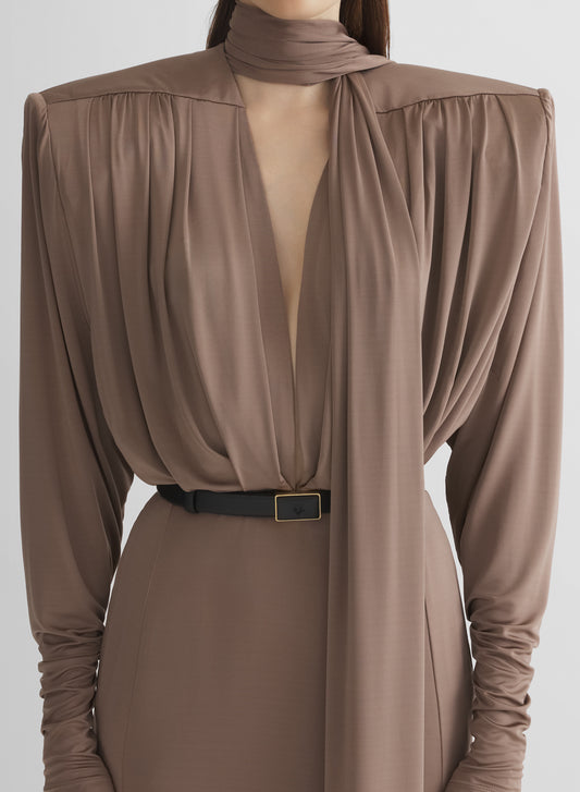 brown scarf power dress