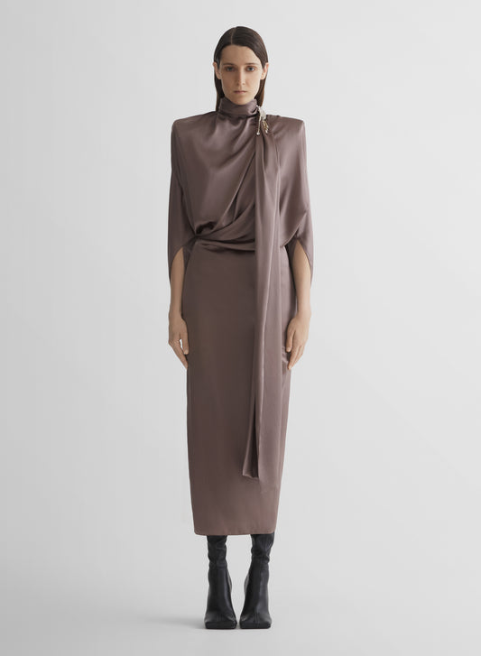 brown scarf drape dress