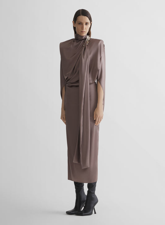 brown scarf drape dress