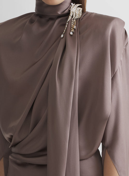 brown scarf drape dress