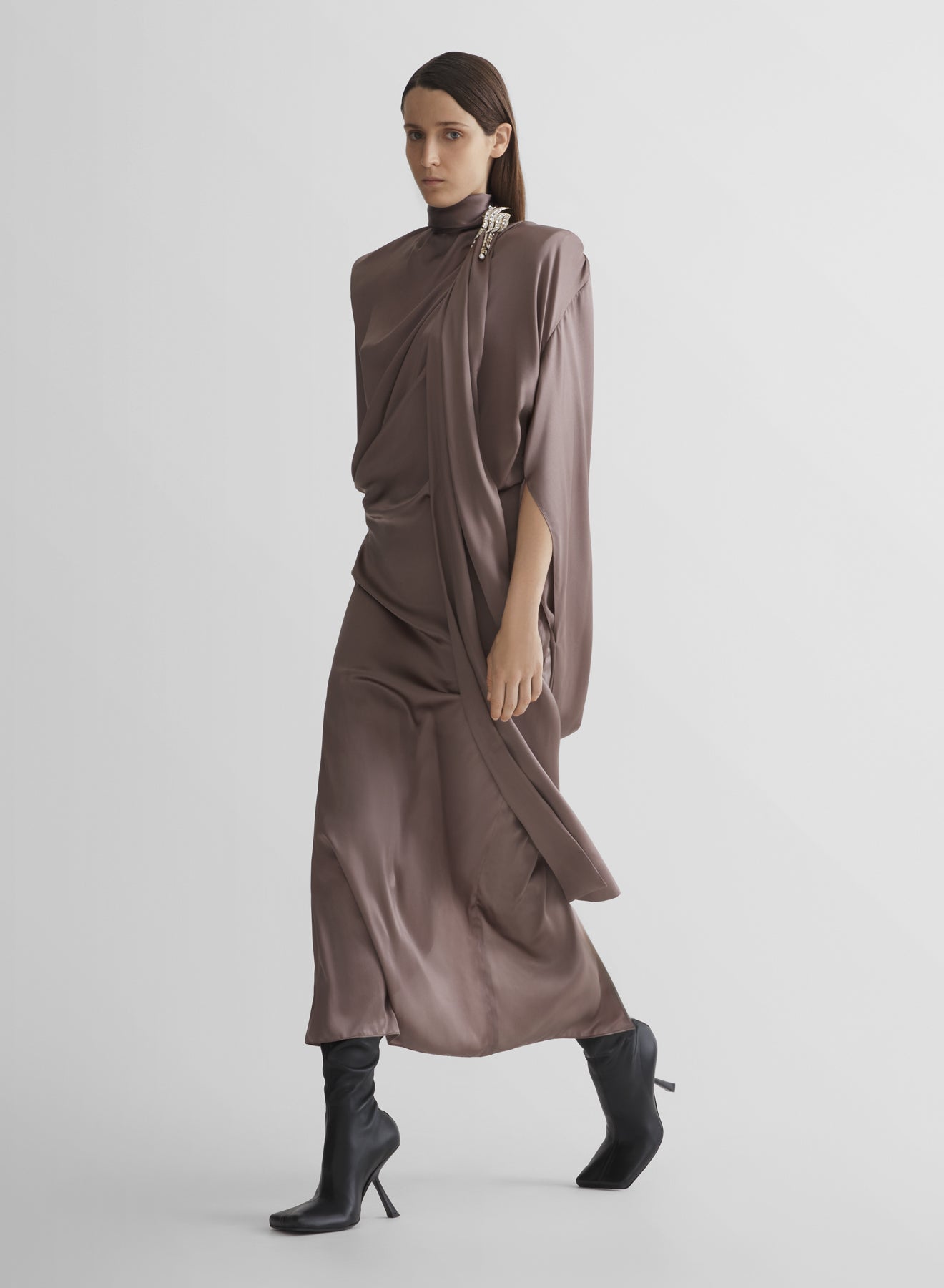 mocha brown scarf drape dress, 36