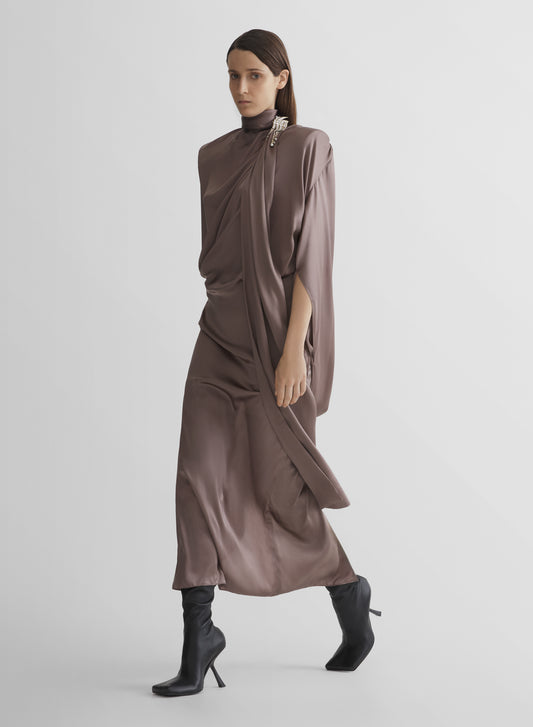brown scarf drape dress