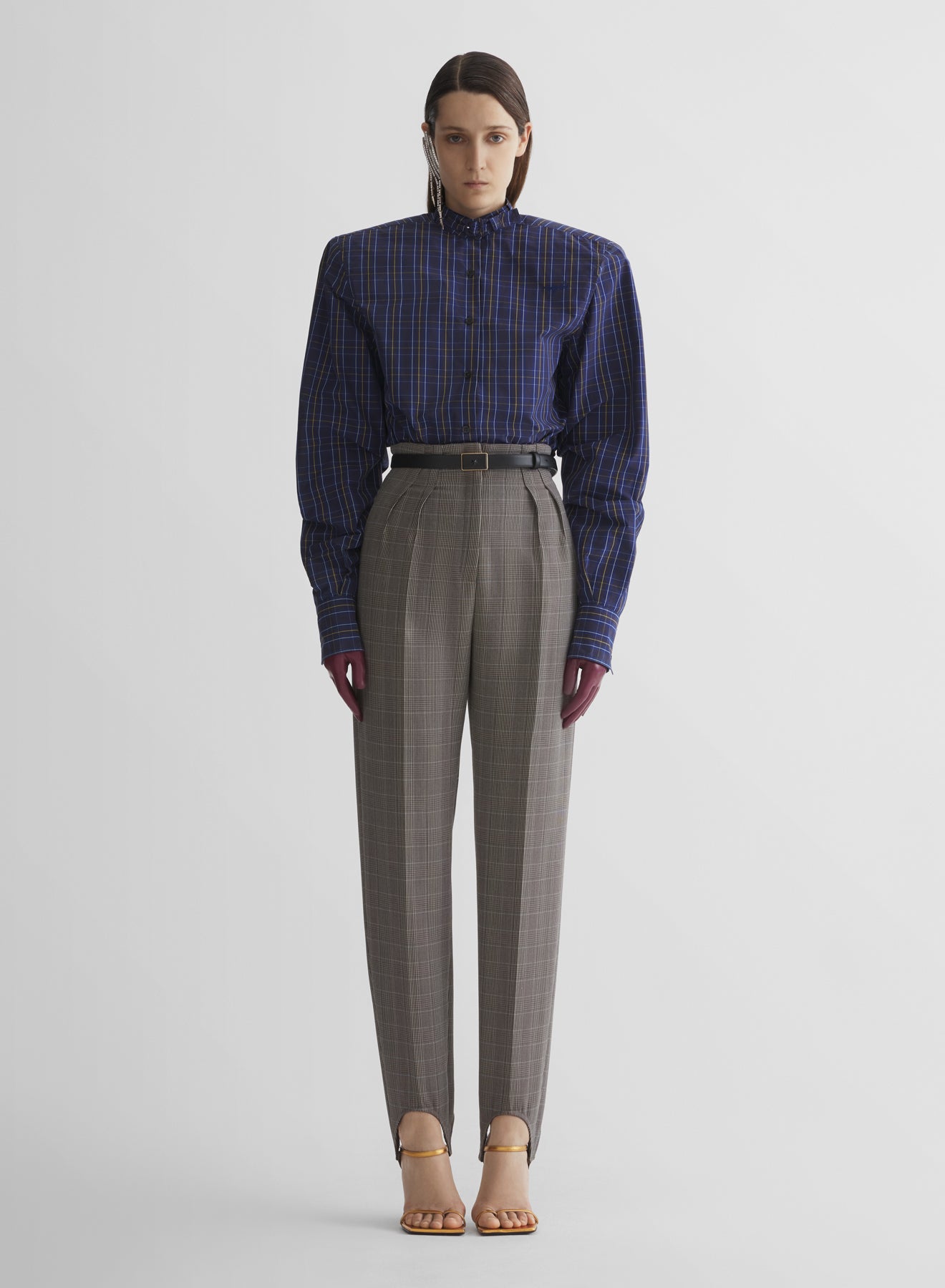 checked cigarette stirrup trousers