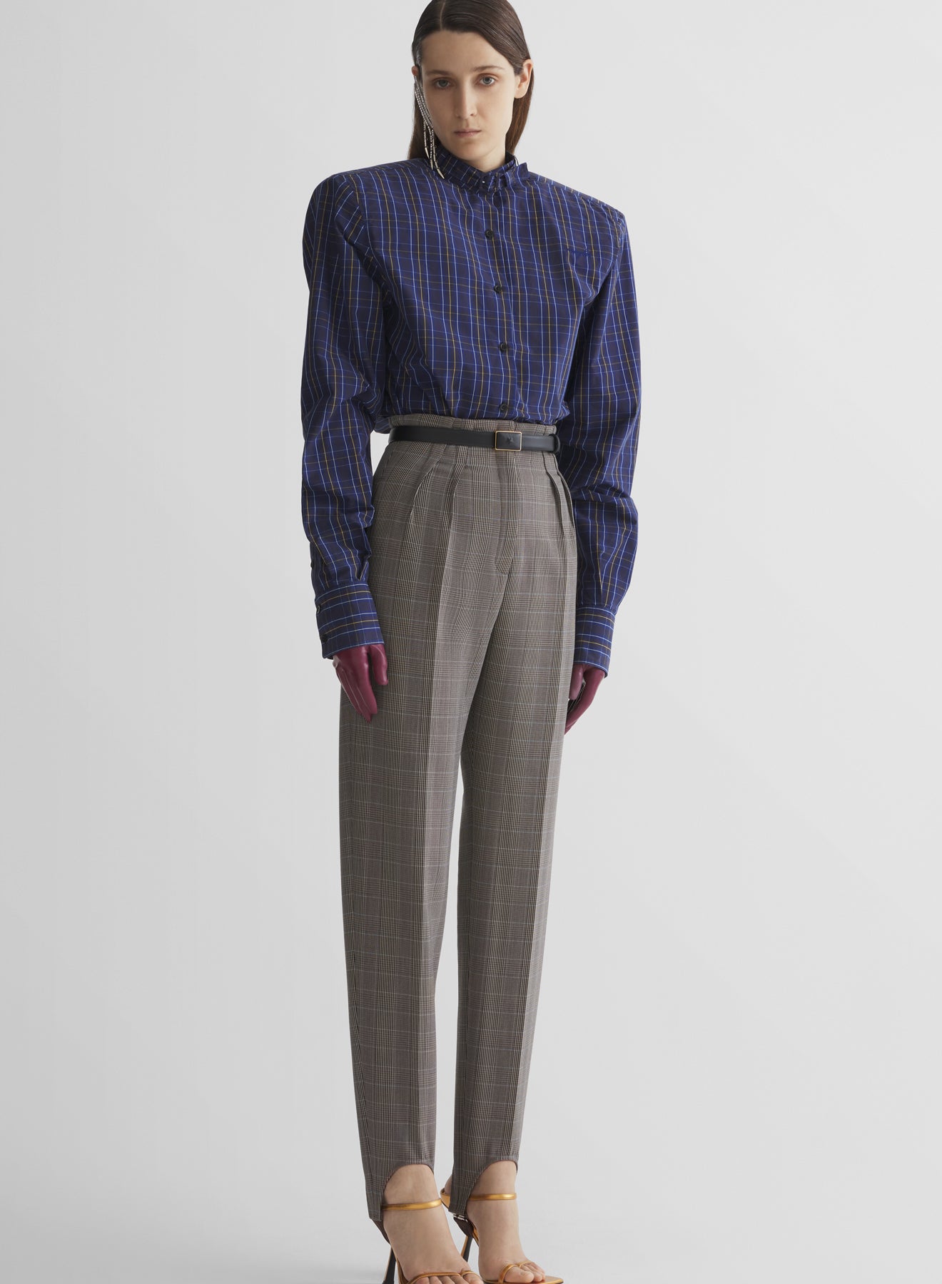 checked cigarette stirrup trousers