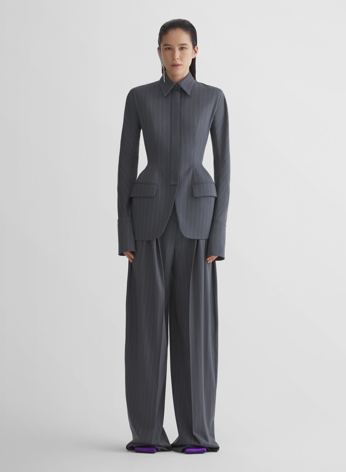 grey pinstripe hourglass shirt jacket