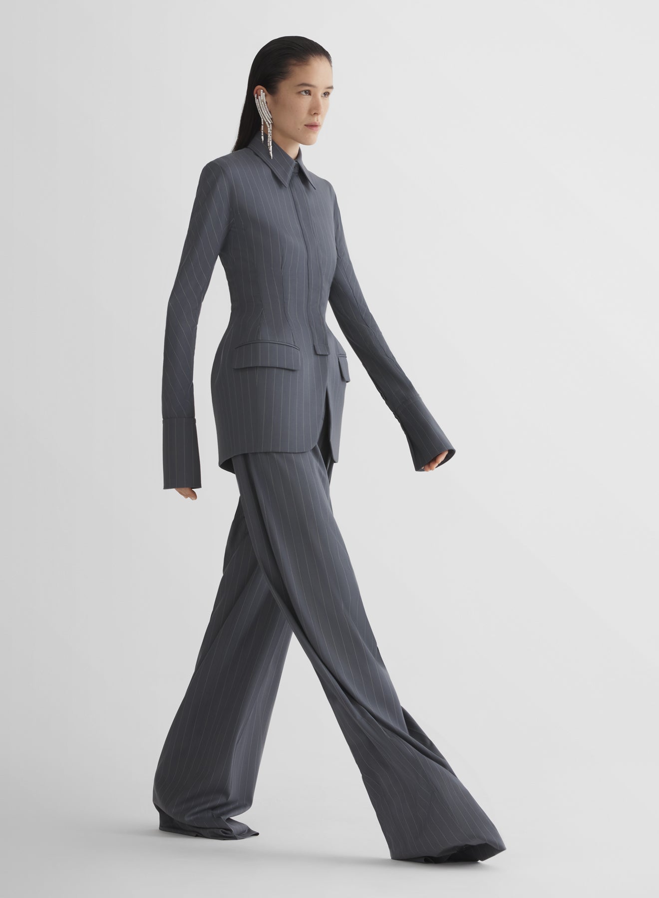 grey pinstripe wide pleated trousers