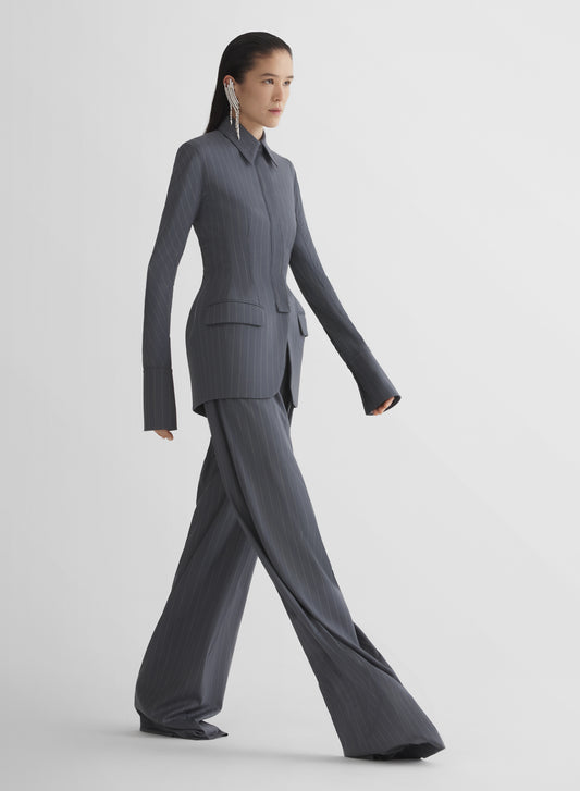 grey pinstripe wide pleated trousers