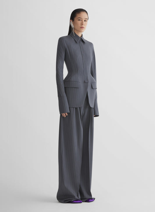 grey pinstripe wide pleated trousers