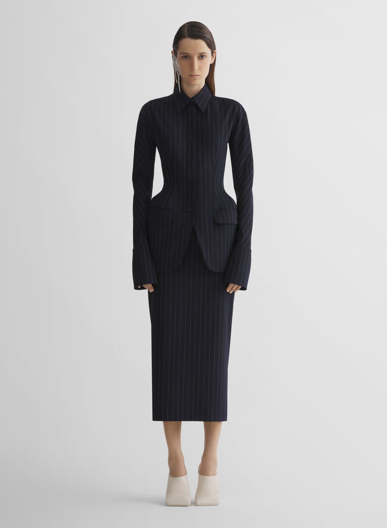 navy pinstripe hourglass shirt jacket