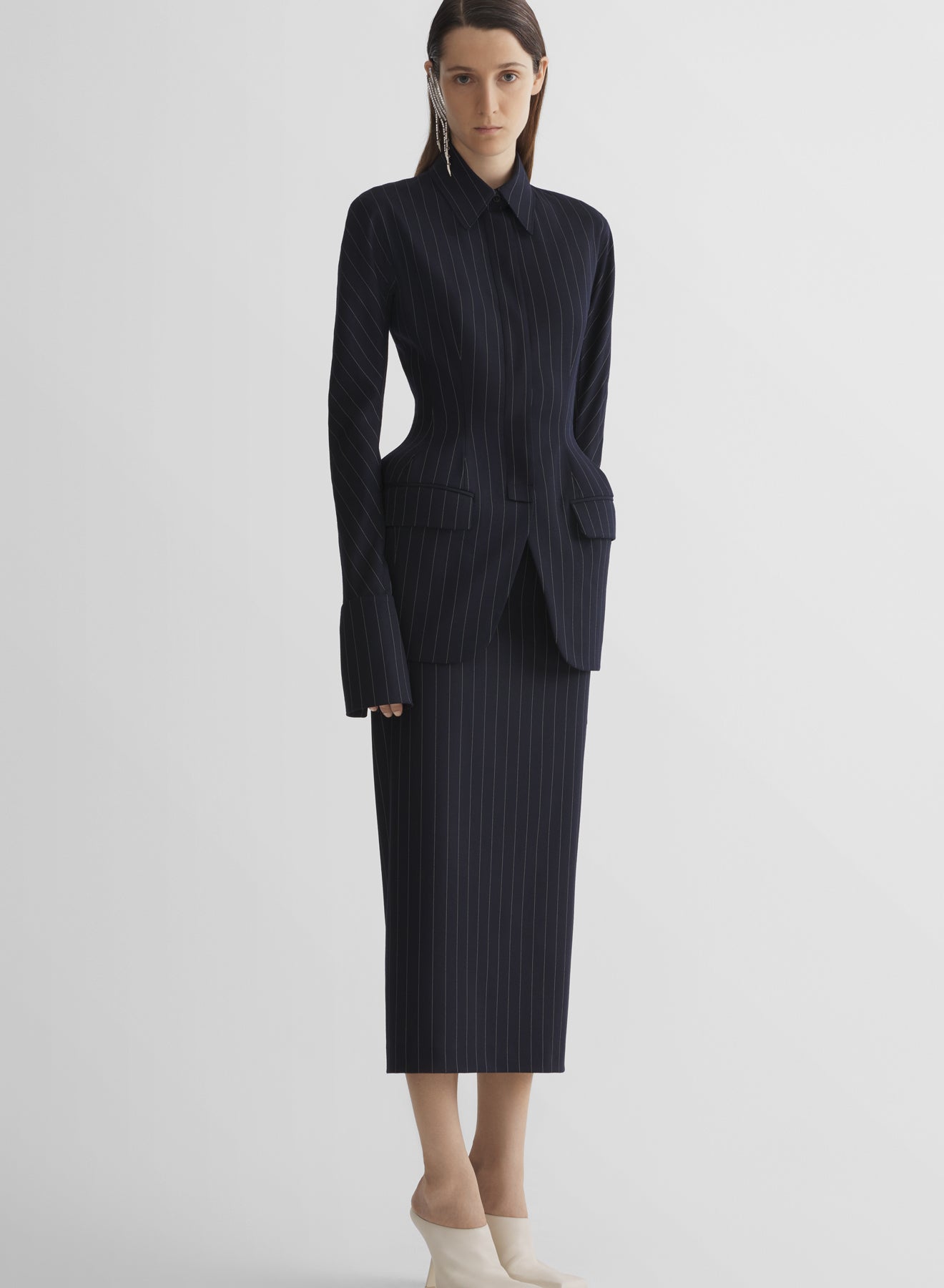 navy pinstripe hourglass shirt jacket