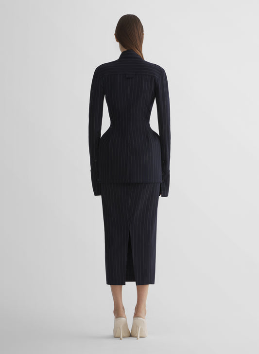 navy pinstripe hourglass shirt jacket