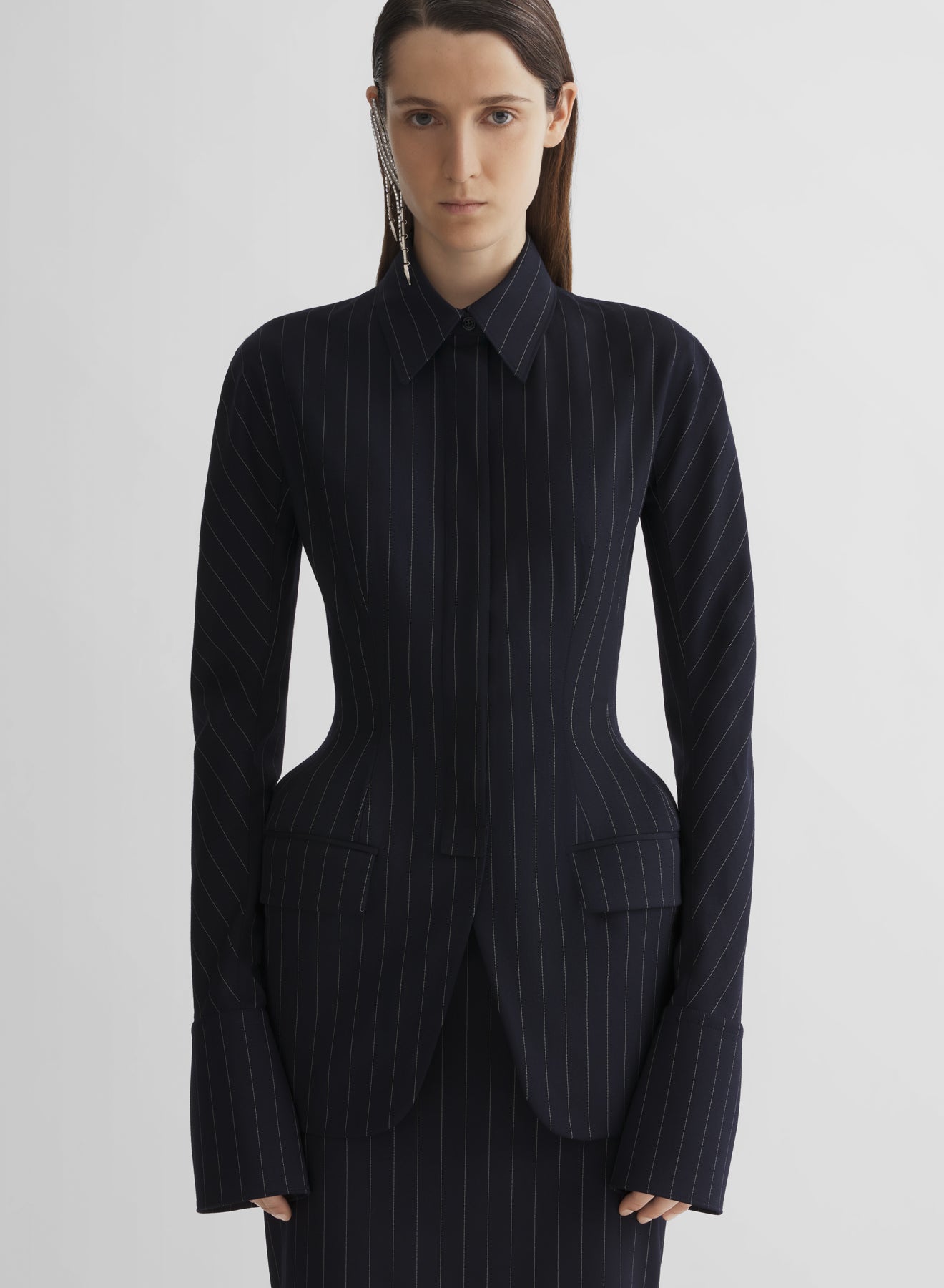 navy pinstripe hourglass shirt jacket