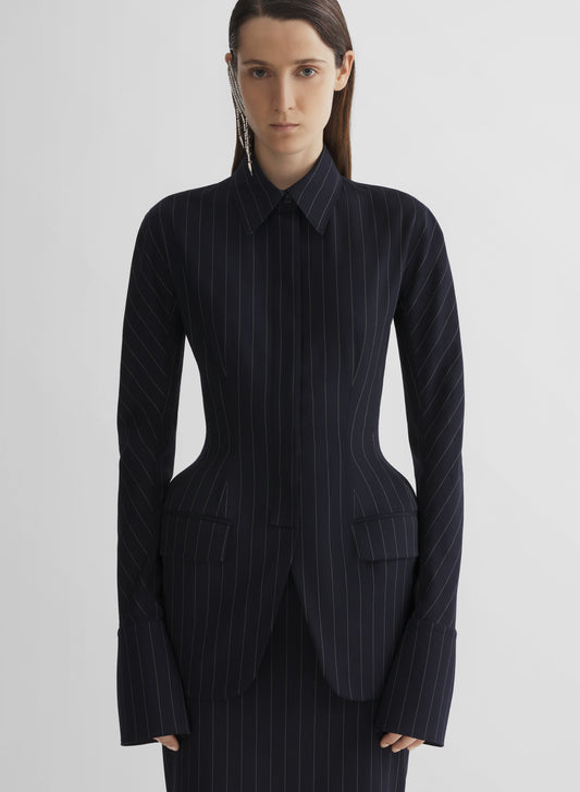 navy pinstripe hourglass shirt jacket