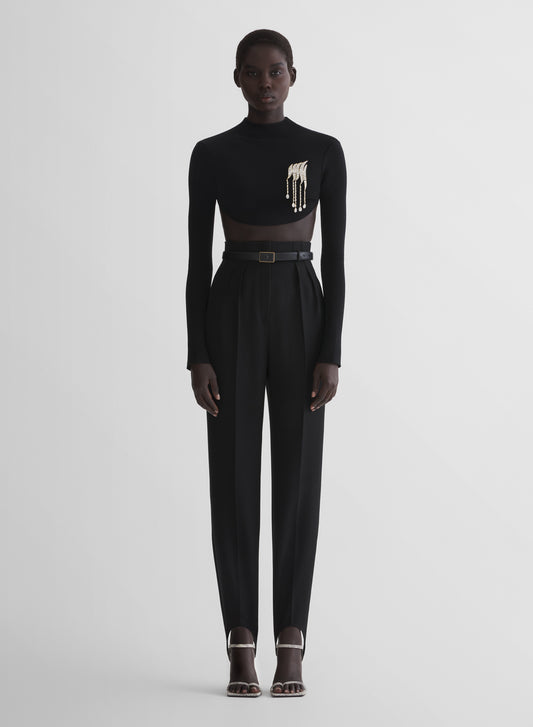 black tuxedo cigarette stirrup trousers