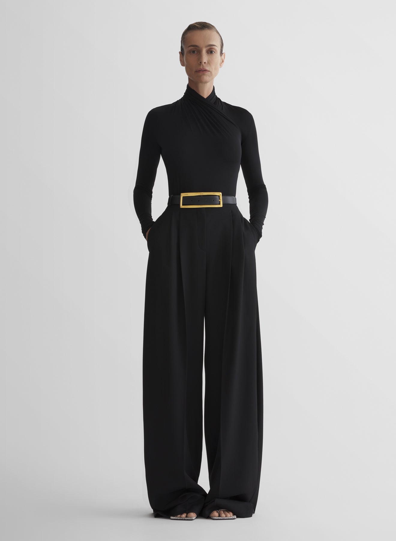 black wide pleated trousers