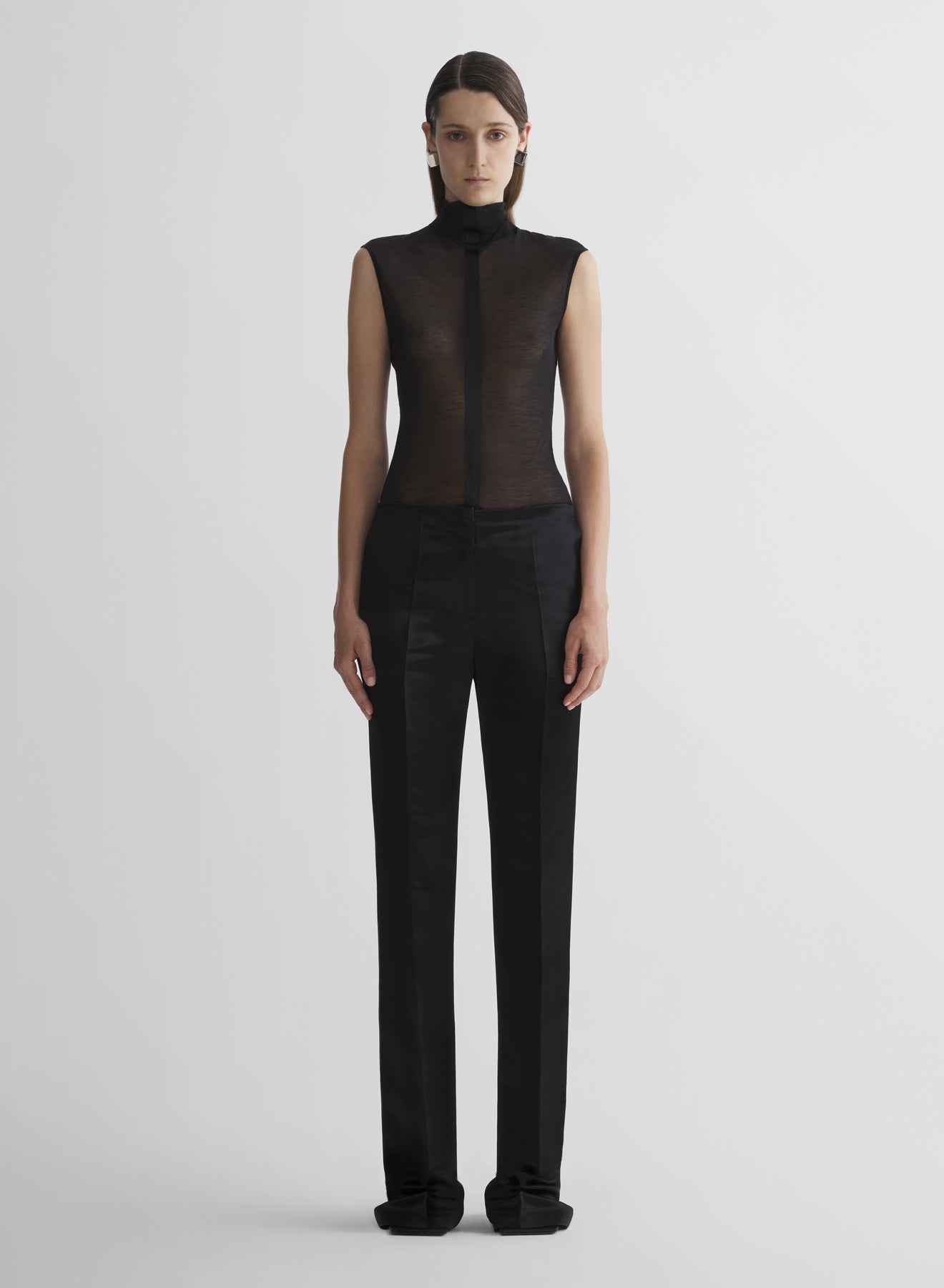 black sleeveless tuxedo bodysuit