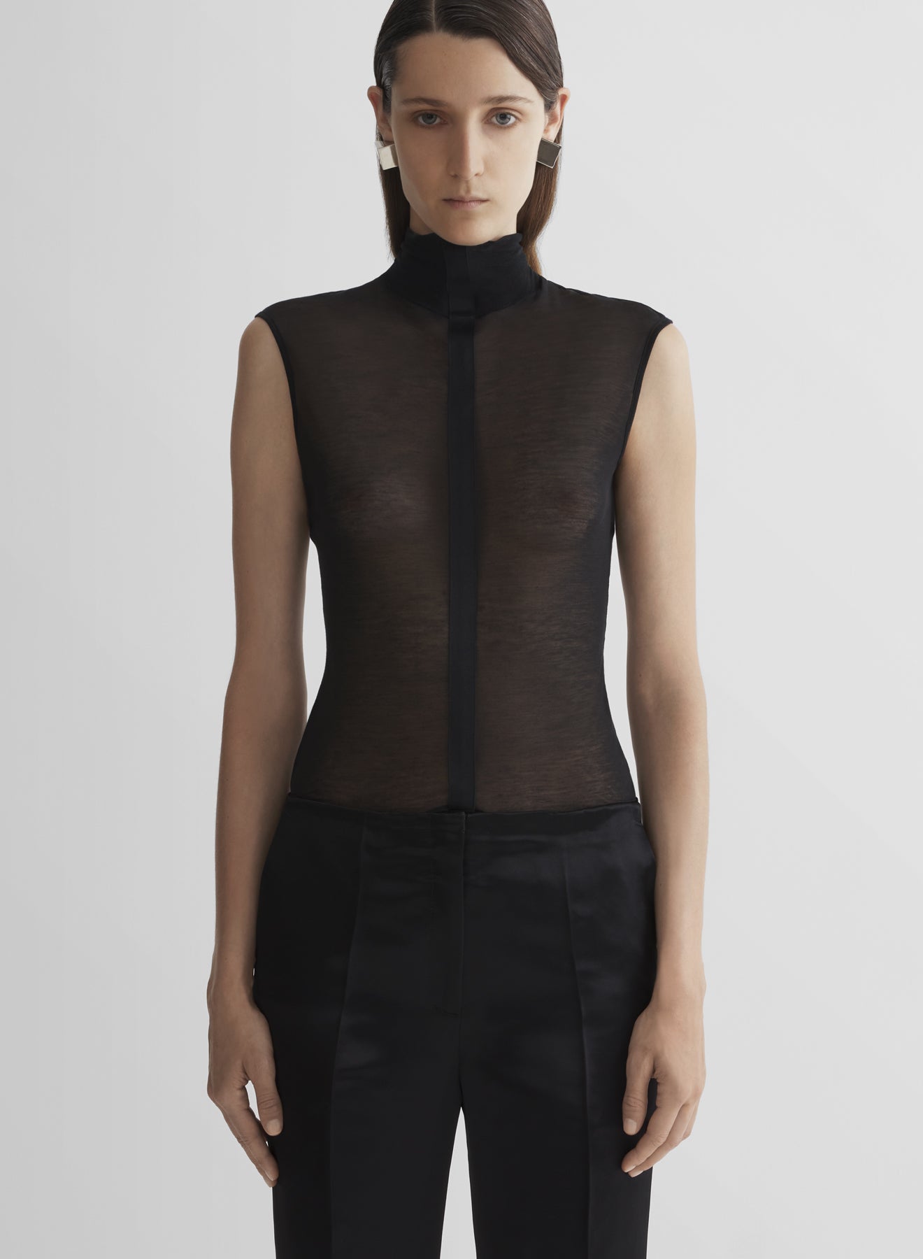 black sleeveless tuxedo bodysuit