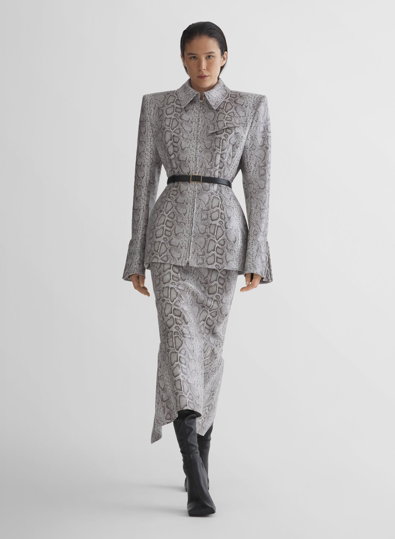 python-embossed leather oblique jacket