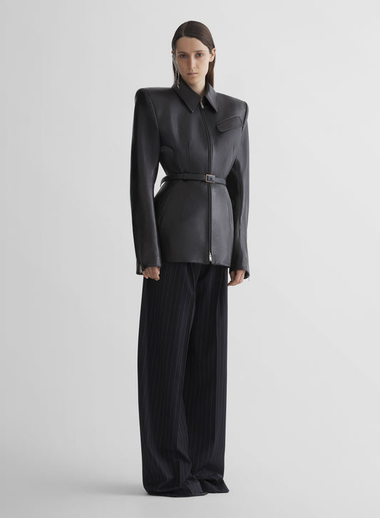 navy pinstripe wide pleated trousers