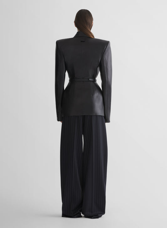 navy pinstripe wide pleated trousers