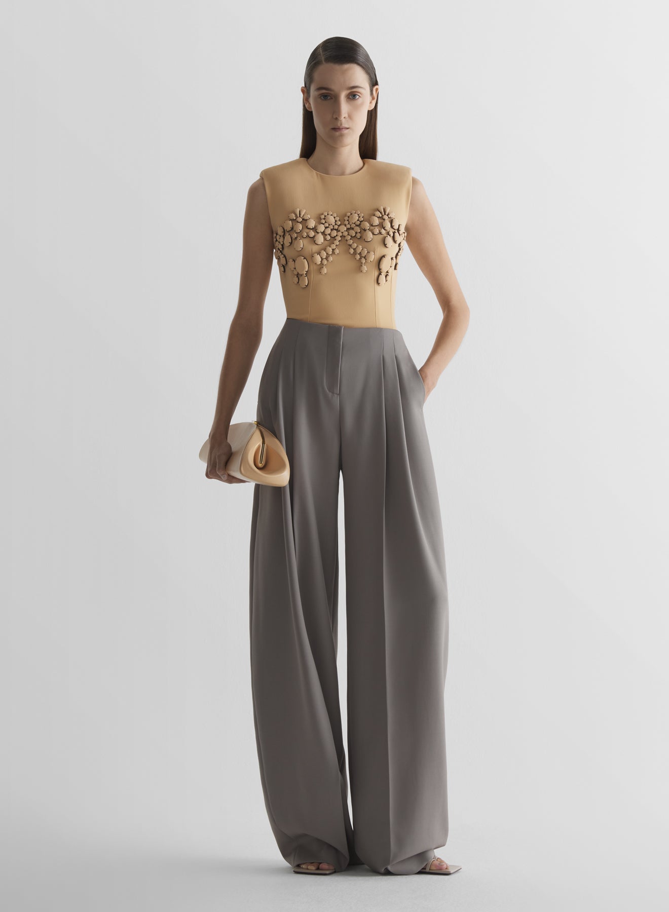 grey wide pleated trousers