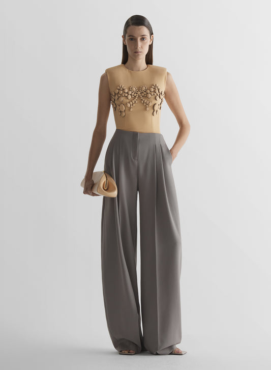 grey wide pleated trousers