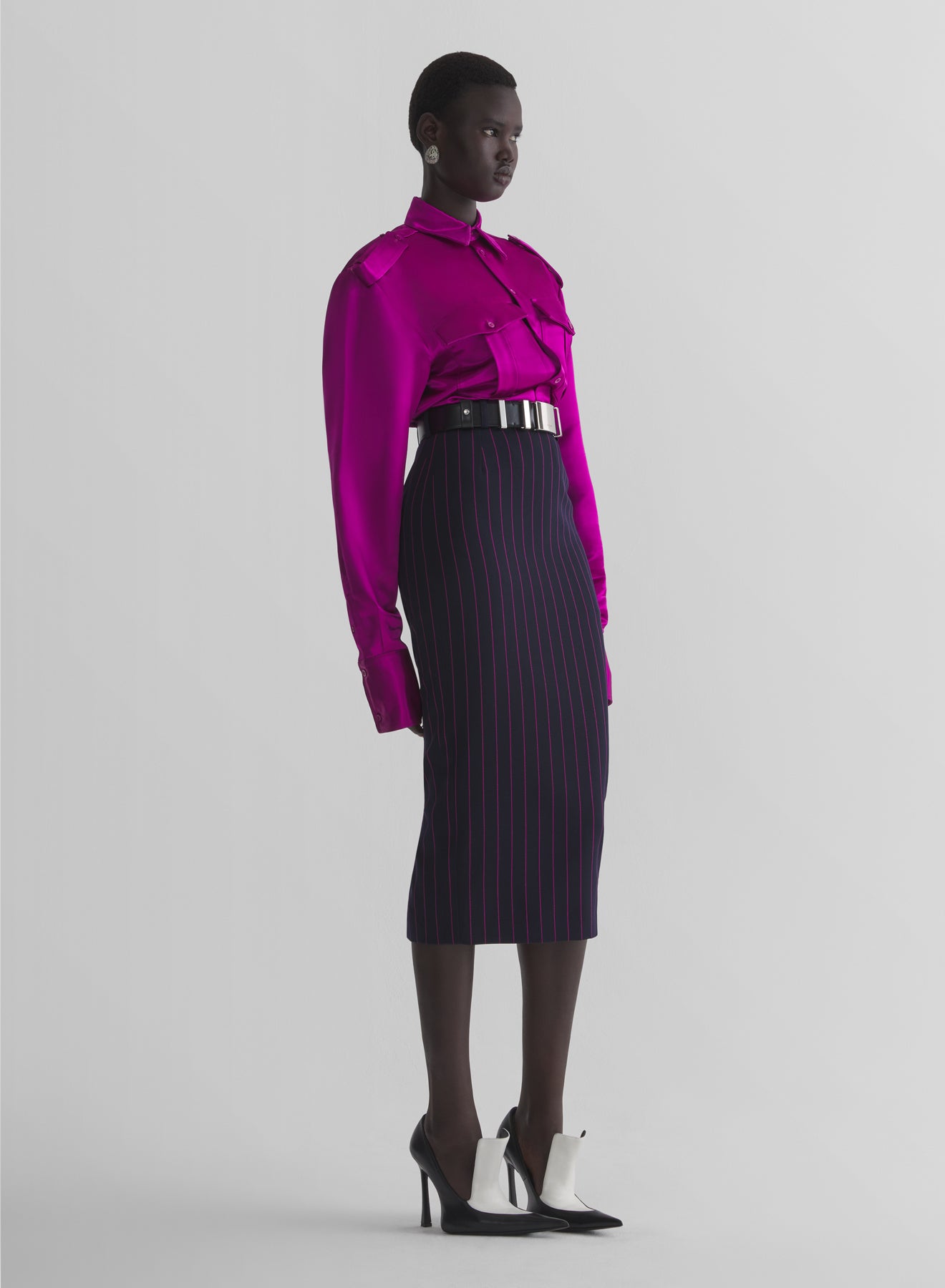 pinstripe midi pencil skirt
