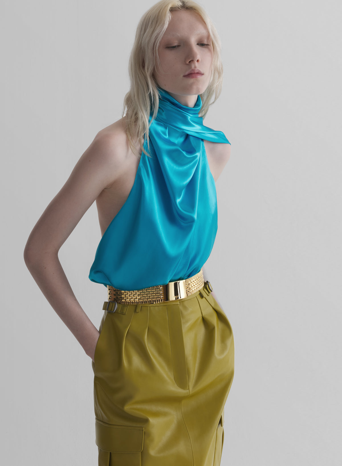 blue backless scarf top