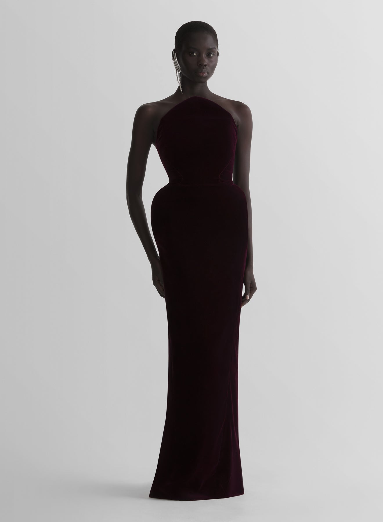 burgundy rounded bustier velvet gown