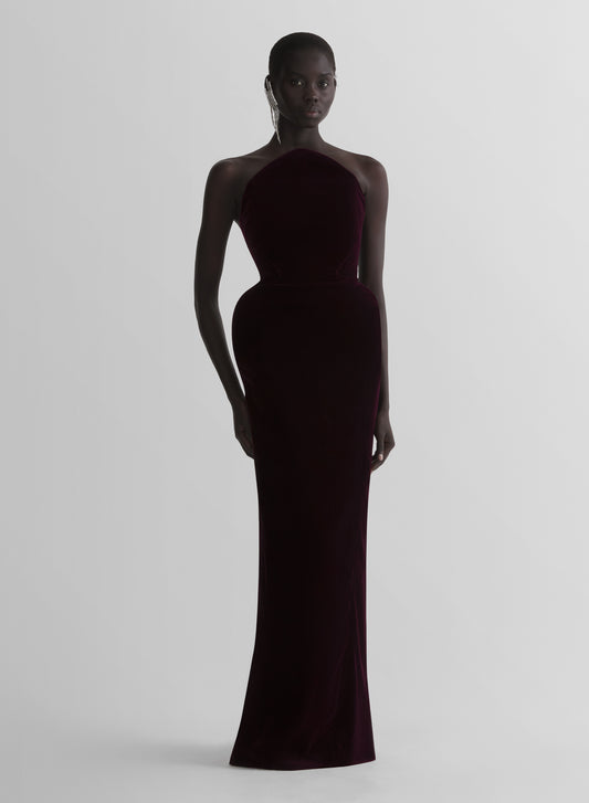 burgundy rounded bustier velvet gown