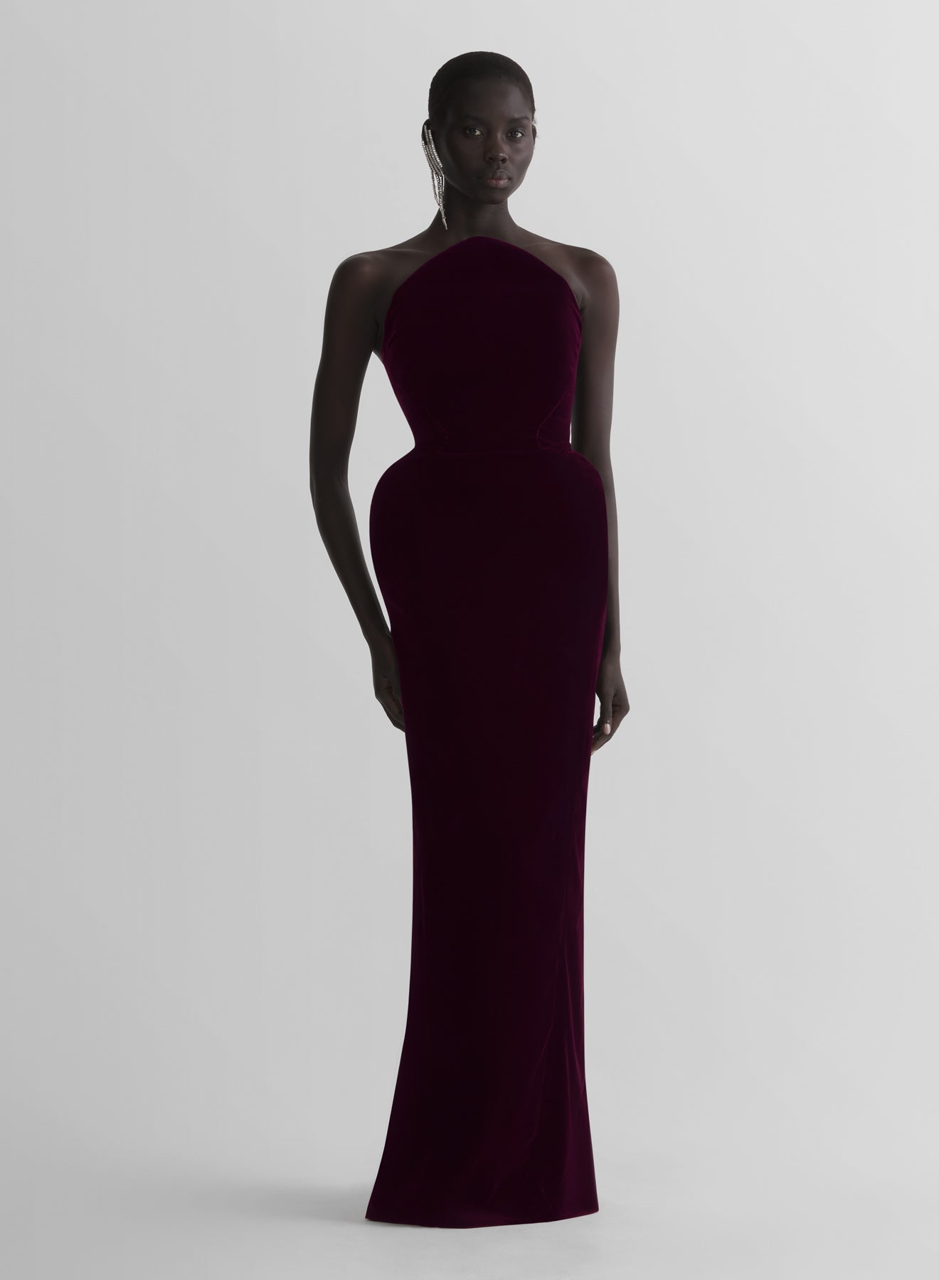 burgundy rounded bustier velvet gown