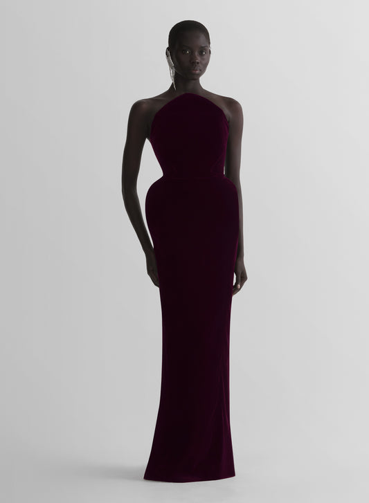 burgundy rounded bustier velvet gown