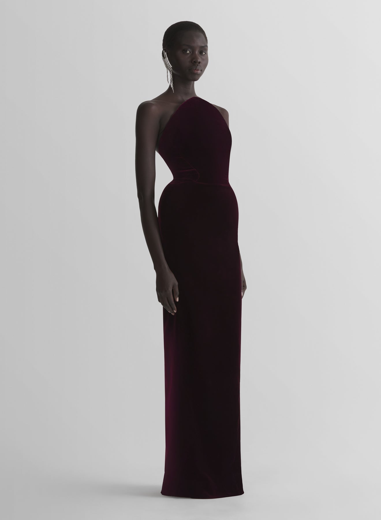 burgundy rounded bustier velvet gown